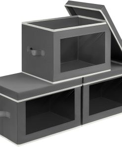 Homsorout Storage Bins with Lids - Fabric Storage Boxe with Window. Collapsible Closet Organizers with Handles. 3 Pack Decorative Bin. Home Cubes Baskets for Clothes. Hat. Books. Dark Grey