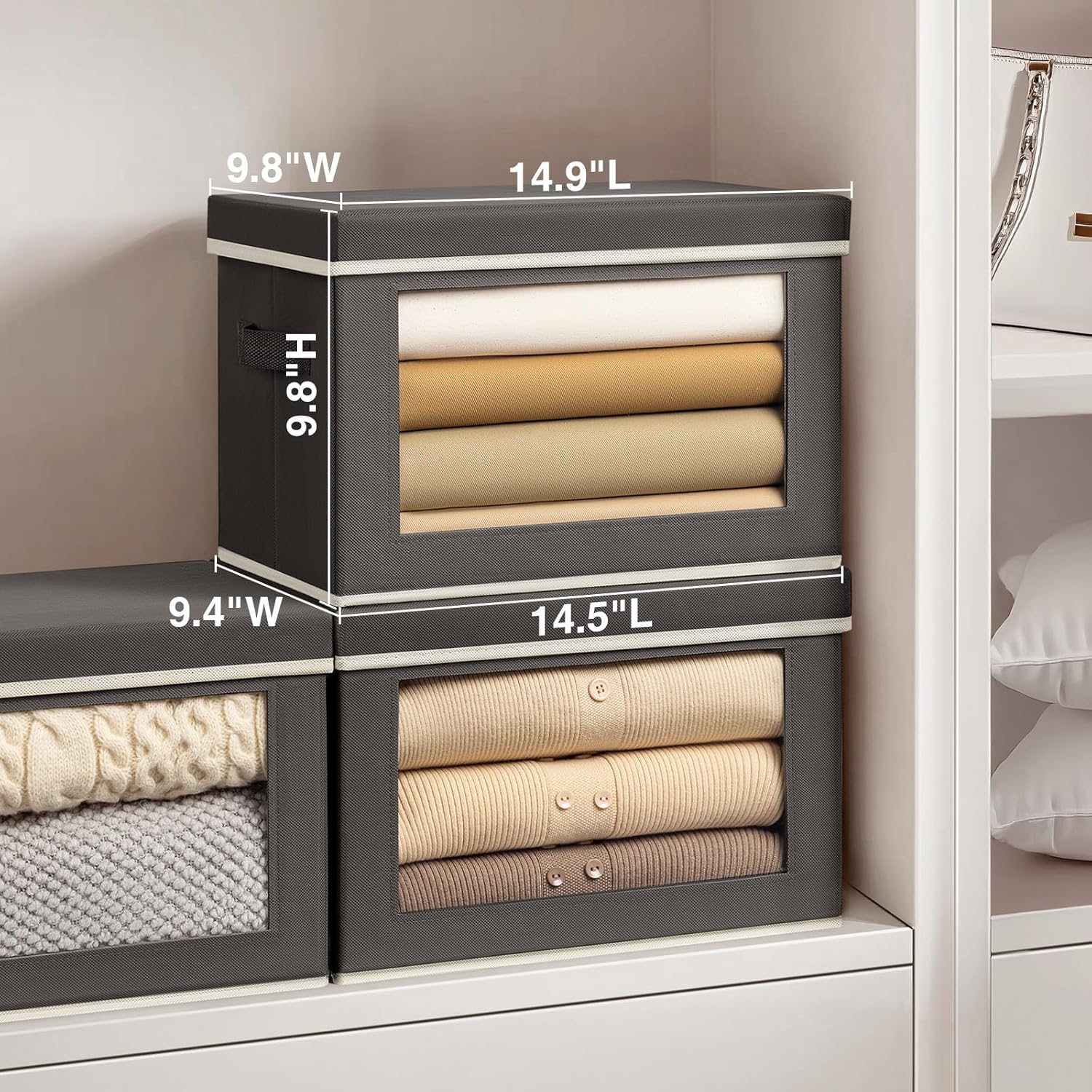 Homsorout Storage Bins with Lids - Fabric Storage Boxe with Window. Collapsible Closet Organizers with Handles. 3 Pack Decorative Bin. Home Cubes Baskets for Clothes. Hat. Books. Dark Grey - Image 2