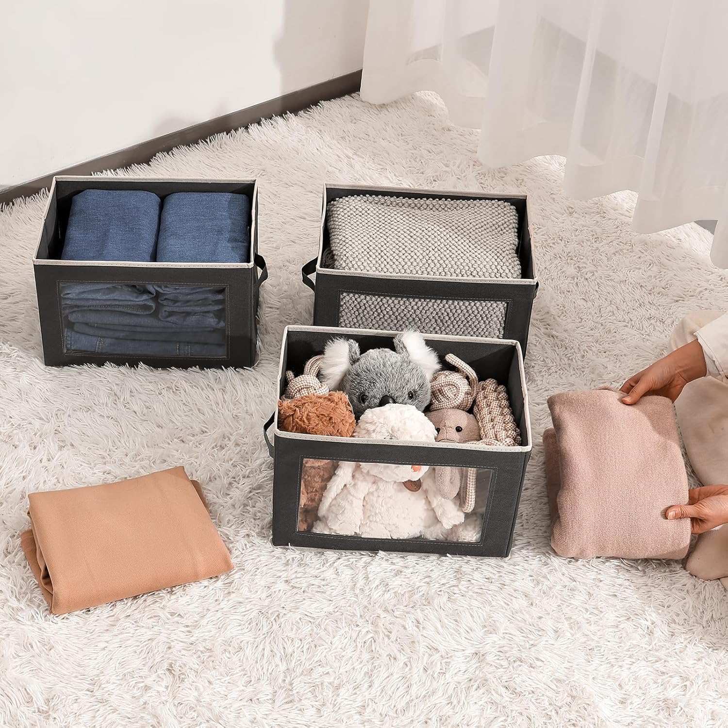 Homsorout Storage Bins with Lids - Fabric Storage Boxe with Window. Collapsible Closet Organizers with Handles. 3 Pack Decorative Bin. Home Cubes Baskets for Clothes. Hat. Books. Dark Grey - Image 6