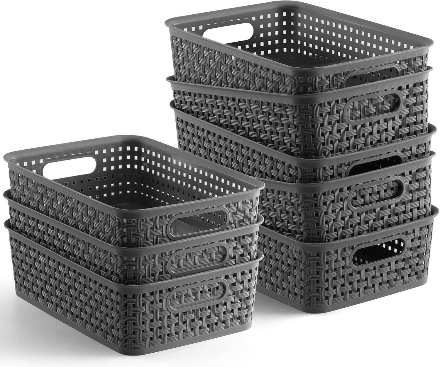 NETANY Plastic Storage Baskets - 8 Pack. Gray. Durable. Easy to Use. Flexible. Multi-Purpose. Ideal for Closets. Cabinets. Shelves. Countertops